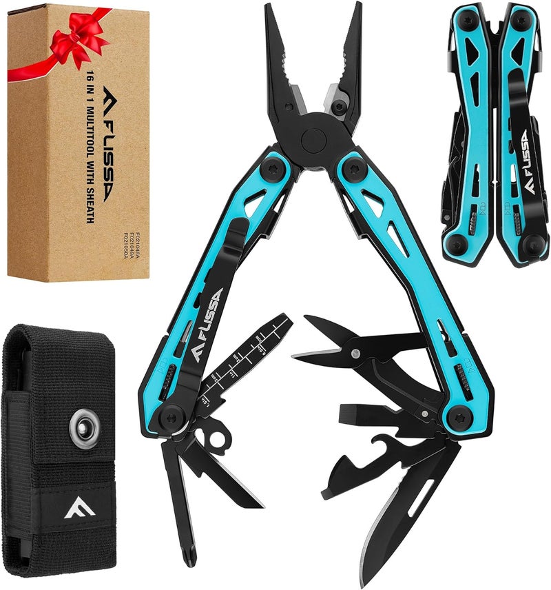 FLISSA 16-in-1 Multi Tool Pliers, Gifts for Men, Stainless Steel EDC Multitool with Pocket Knife, Belt Clip and Oxford Pouch, Self-locking Multipurpose Utility Multi-Tool for Camping Survival Outdoor - Image 1